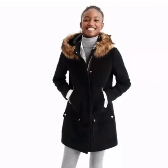 J Crew Chateau Black Wool Stadium Cloth Parka Fur Hood Coat‎ - Picture 13 of 16
